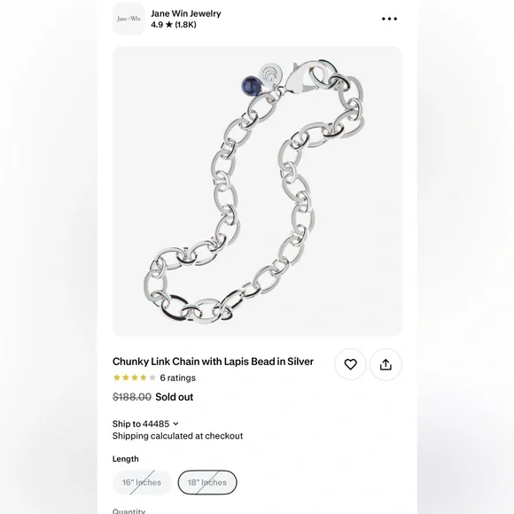 Jane Win Silver Chunky Link Chain w/ Lapis Bead, 18” - Picture 2 of 13